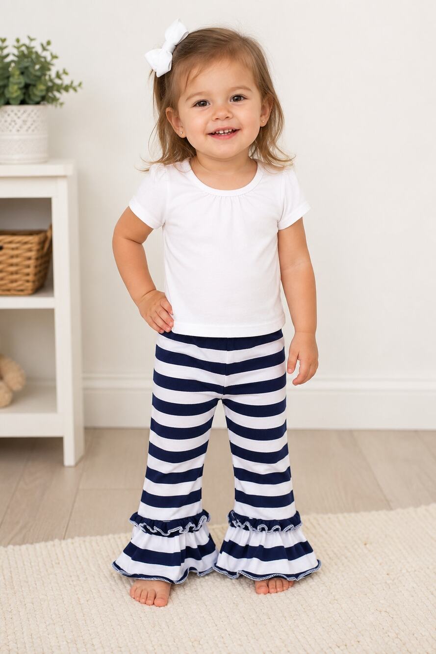 Bird Nest 2T Girls Blue White Striped Ruffle Ankle Pants Toddler Girl